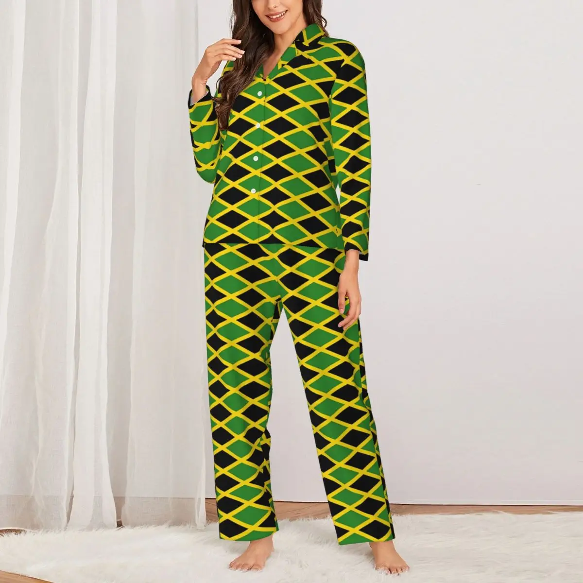 Pijamale Femei Steaguri De Jamaica Zi Cu Zi De Îmbrăcăminte De Noapte Verde Negru Din Două Piese Casual Set De Pijama Cu Maneca Lunga-Cald Supradimensionat Acasă Costum