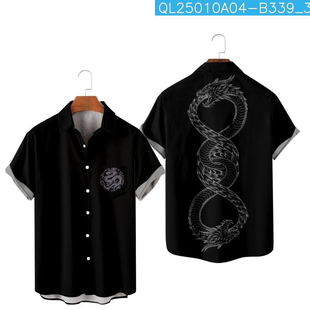 Vara Barbati Bluza Japoneză Dragon Imprimat Negru cu Maneci Scurte Tricou pantaloni Scurți de Plajă Petrecere de Vacanță Purta Haine Casual Streetwear